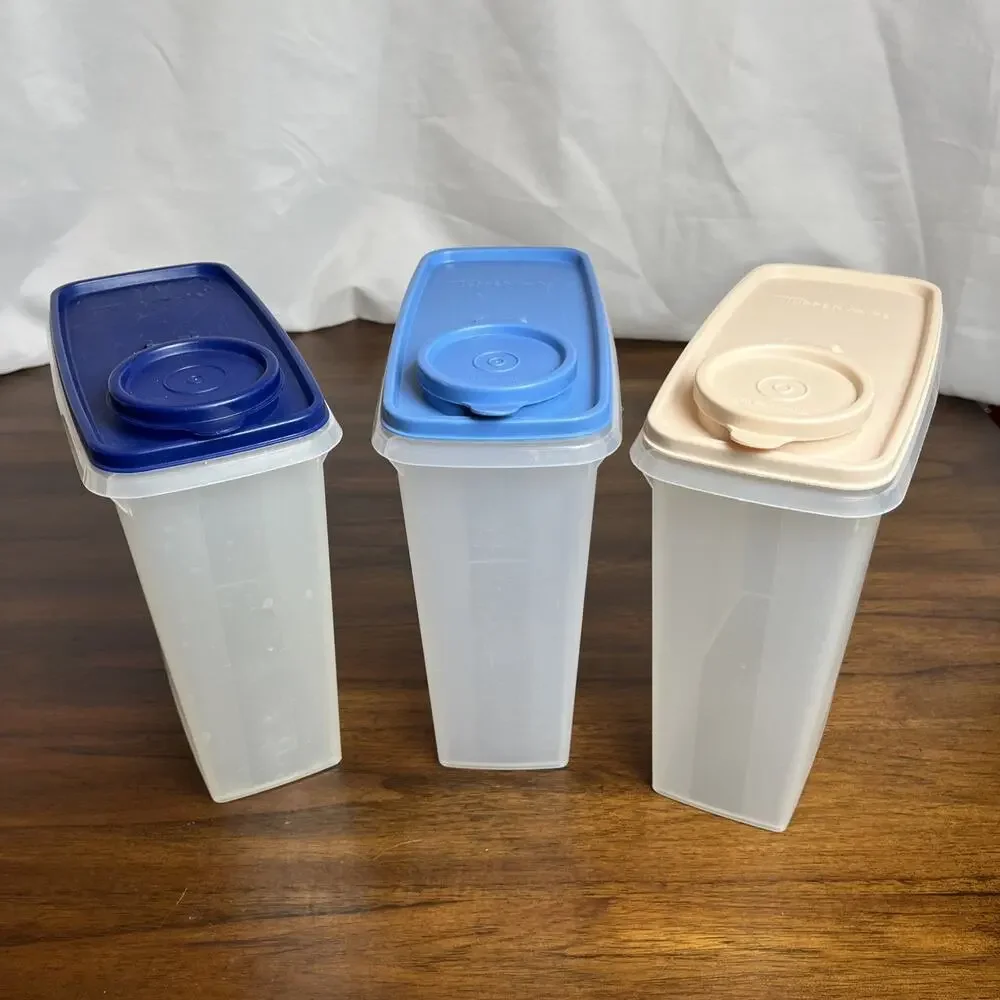 Three 12 Cup Vintage Tupperware Cereal Containers Blue & Cream Kitchen Organizer